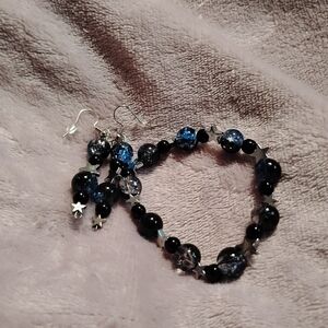 Handmade pretty dark blue and silver star two peice glass beaded jewelry set